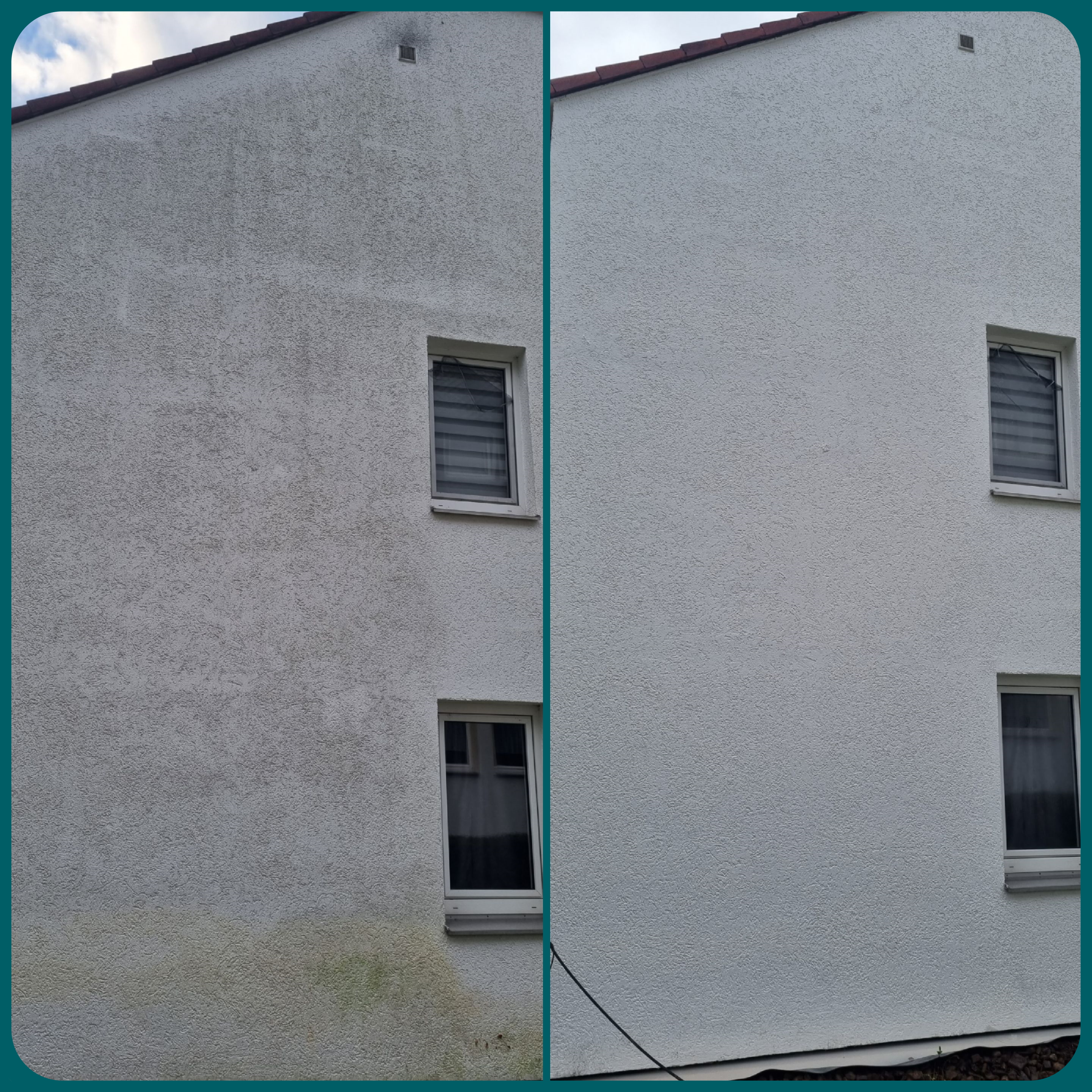 Fassadenreinigung vom Profi mit Spezialreiniger und Auffangsystem.